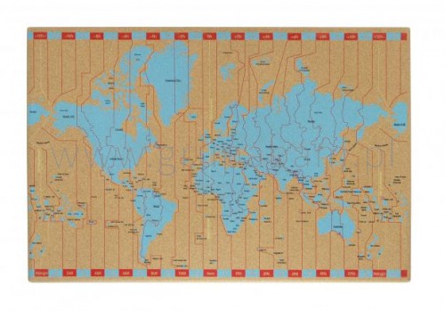 Tablica korkowa bez ramy z kolorowym nadrukiem mapy świata, strefy czasowe 600x400