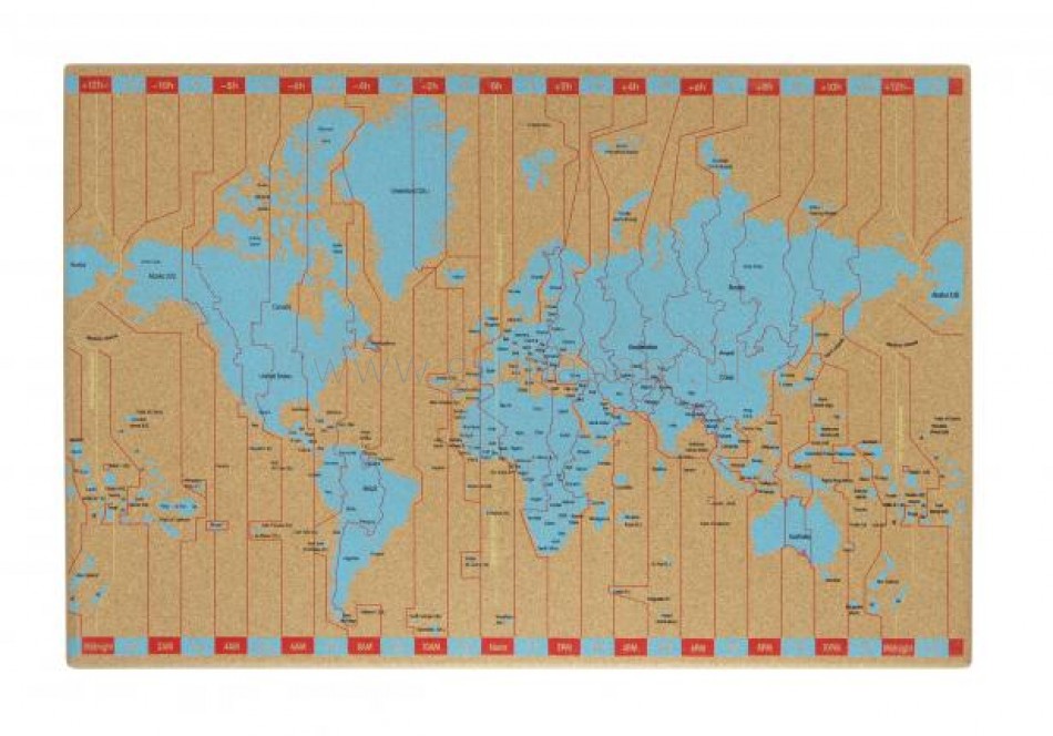 Tablica korkowa bez ramy z kolorowym nadrukiem mapy świata, strefy czasowe 600x400
